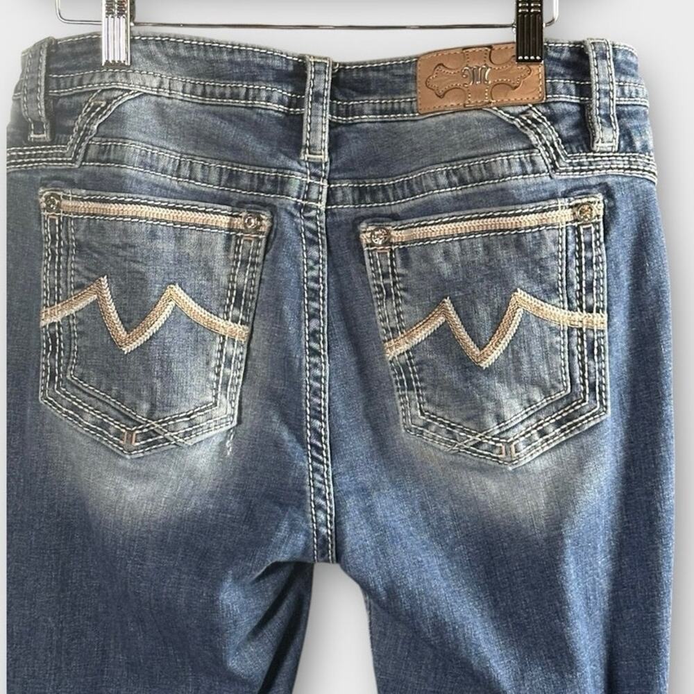 Miss Me Hailey Skinny Distressed Blue Jeans Size 31 with white and tan stitching